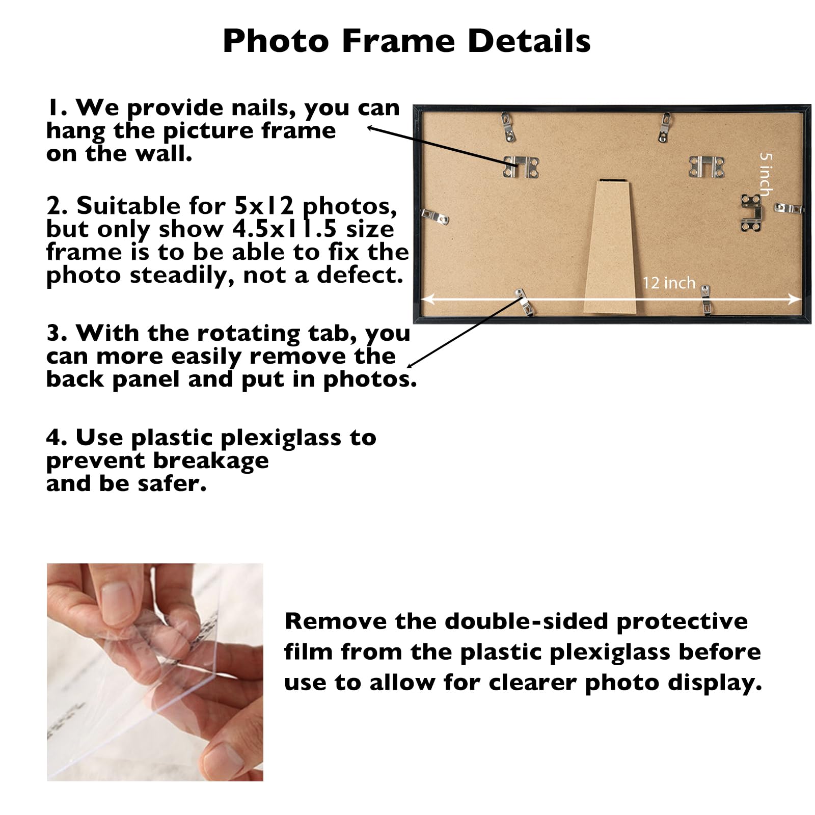 JCJMY 5x12 Picture Frame Black for Wall Hanging or Tabletop, Wall Mounting Horizontally or Vertically, 5 x 12 Wall Gallery Poste